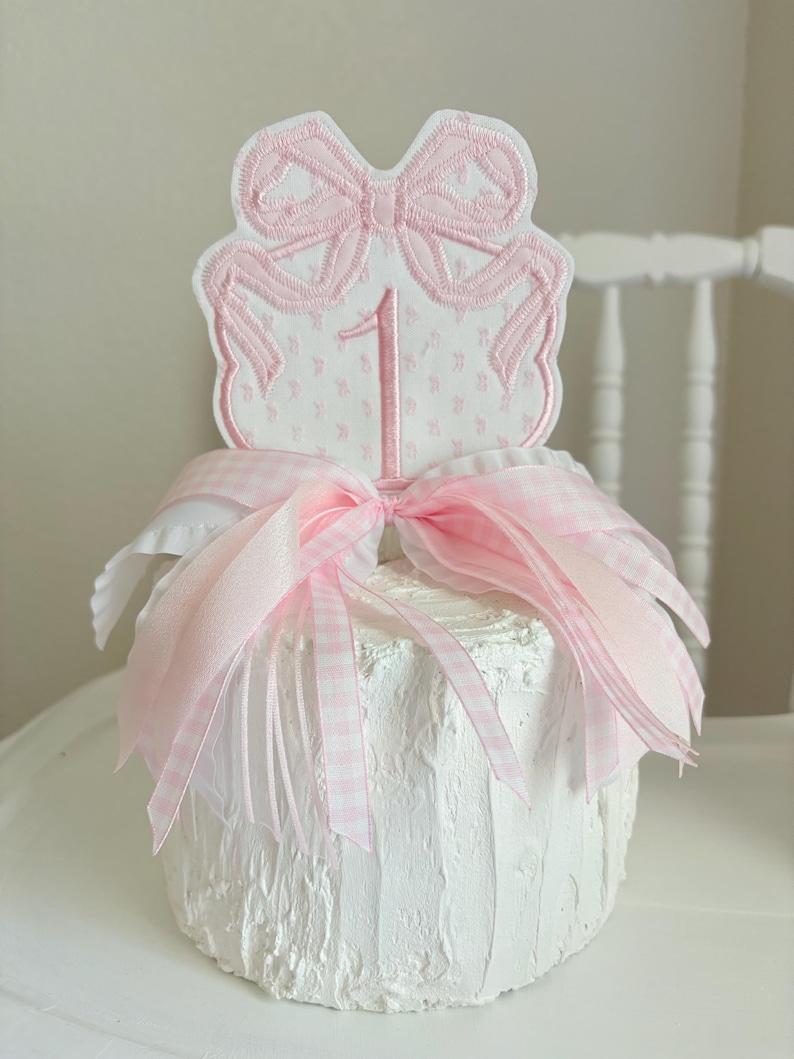 Pink First Birthday Decor - Pink Coquette First Birthday - Pink Bows First Birthday - ONEderful - High Chair Banner, Party Hat, Cake Topper Cake Topper Only