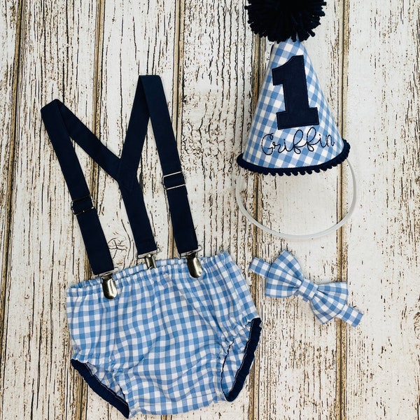 Blue Gingham First Birthday Boy Outfit - Cake Smash - Diaper Cover - Suspenders - Bow Tie - Personalized Party Hat