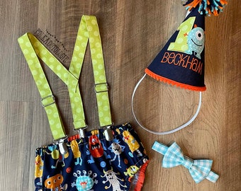 Monster First Birthday Boy Outfit - Diaper Cover, Suspenders, Party Hat, Bow Tie - Cake Smash Outfit