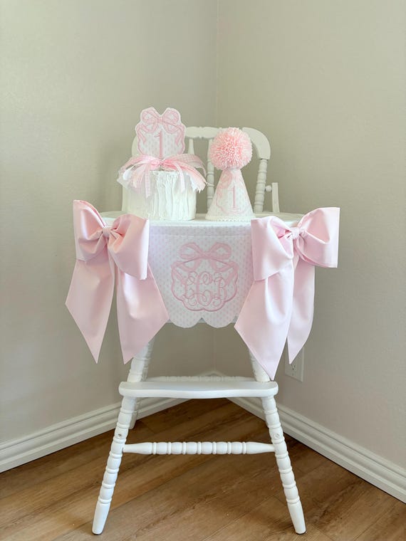 Pink First Birthday Decor - Pink Coquette First Birthday - Pink Bows First Birthday - ONEderful - High Chair Banner, Party Hat, Cake Topper