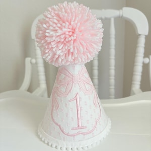 Pink First Birthday Decor - Pink Coquette First Birthday - Pink Bows First Birthday - ONEderful - High Chair Banner, Party Hat, Cake Topper Hat Only