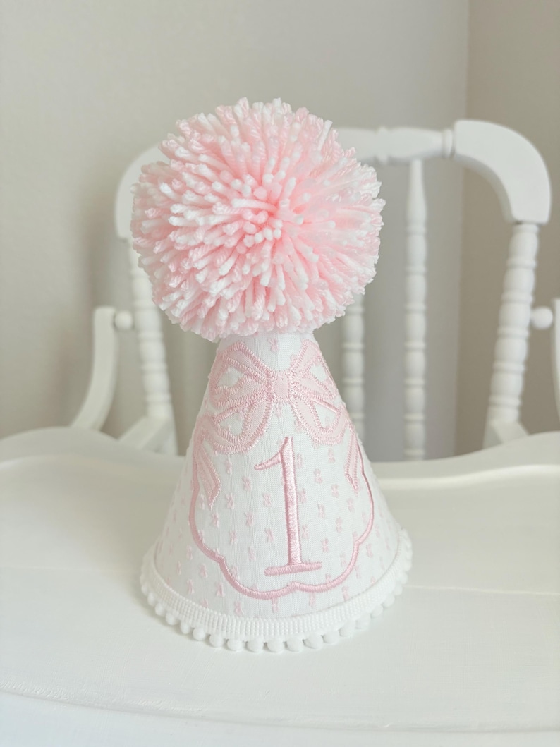 Pink First Birthday Decor - Pink Coquette First Birthday - Pink Bows First Birthday - ONEderful - High Chair Banner, Party Hat, Cake Topper Hat Only