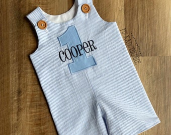 First Birthday Outfit - Blue Seersucker Stripe - First Birthday Romper - First Birthday Cake Smash Outfit - Personalized