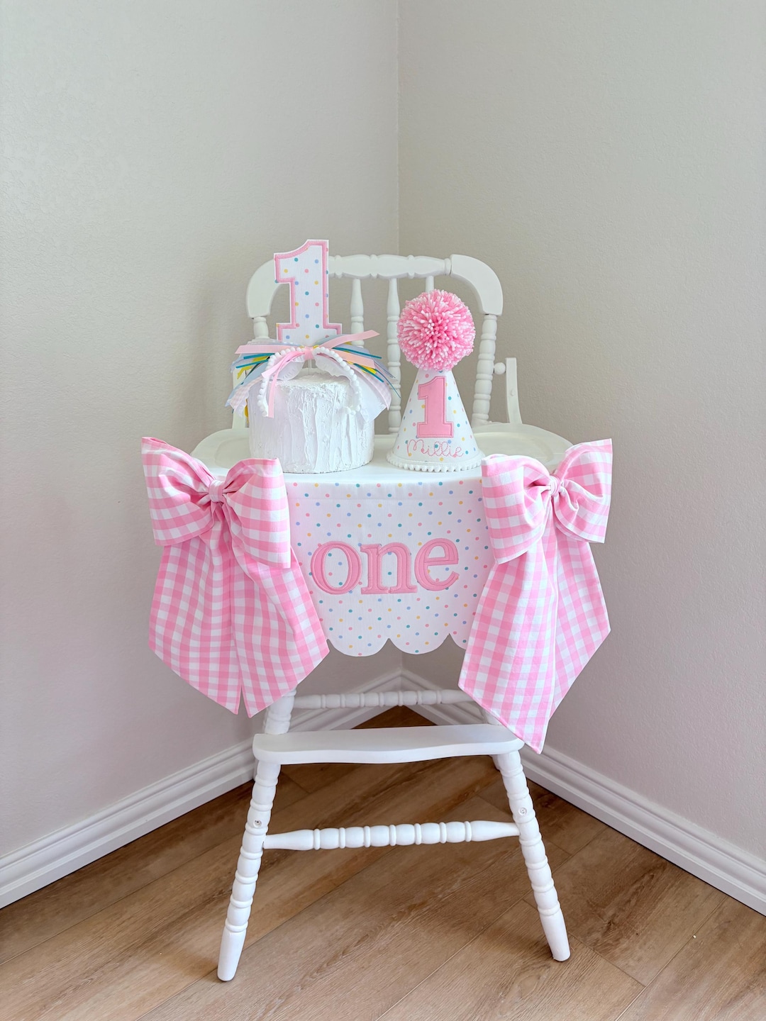 Pink Gingham First Birthday Decor - High Chair Banner - Party Hat ...