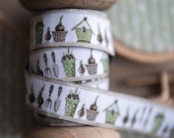 3.90 EUR/meter woven ribbon acufactum garden time, Kerstin Heß, satin woven ribbon, 16 mm wide