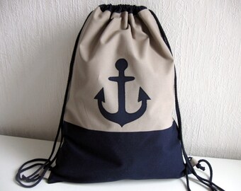 Gym bag anchor, backpack women, lined beige dark blue sports bag