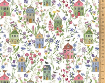 acufactum fabric houses and flowers children's fabric, woven cotton