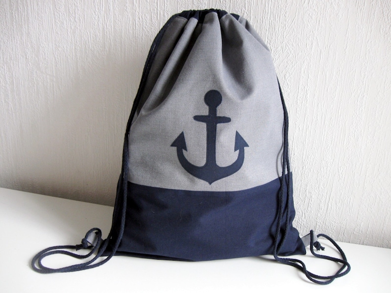 Turnbeutel Anker, Rucksack Damen Herren, Sportbeutel maritim, gefüttert dunkelblau grau Bild 1