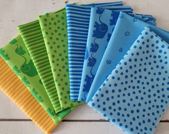 Fabric bundle 8 x 25 cm x 47 cm, "Young Line" green-blue-yellow, Westfalenstoffe, for small sewing projects, pennant banner fabric