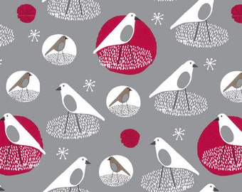 17 EUR/meter 24 cm REST Westfalenstoffe Kitzbühel, birds 010507422, gray - red, woven cotton