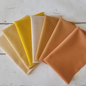 Stoffpaket 7 x 25 cm x 47 cm Westfalenstoffe Gelb - Orange,  Stoff Paket, Puppenkleidung, 100% Baumwolle, Patchwork, Wimpelkette, Stoffset