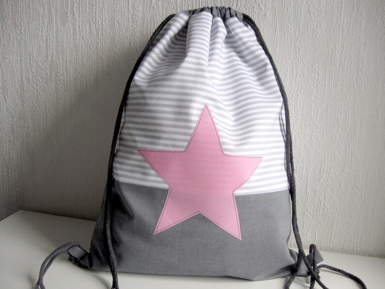 Gym bag, backpack women, gray pink lined star sports bag image 1