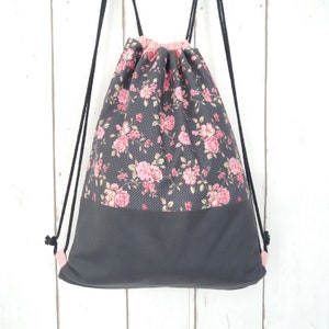 Turnbeutel, Rucksack Damen, Sportbeutel Blumen, grau, gefüttert