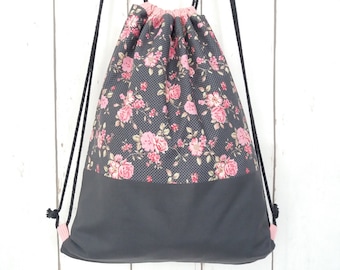 Turnbeutel, Rucksack Damen, Sportbeutel Blumen, grau, gefüttert