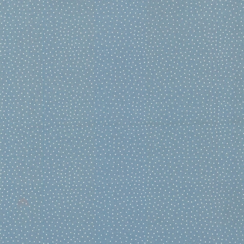 Op de afbeelding: Een stoffige blauwe stof met een dicht, herhalend patroon van kleine witte stippen die gelijkmatig over het hele oppervlak zijn verdeeld. Het textiel heeft een matte afwerking en een consistente, uniforme textuur over het zichtbare gebied.