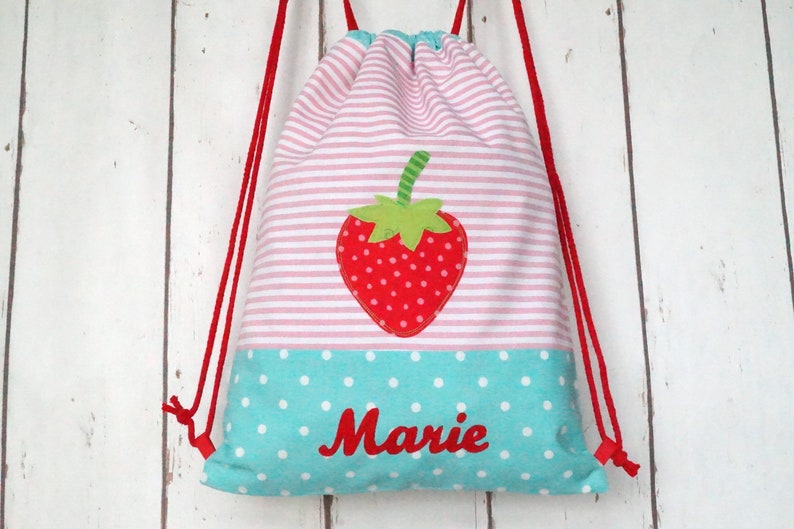 Gym bag for children, backpack, strawberry, customizable with name image 1