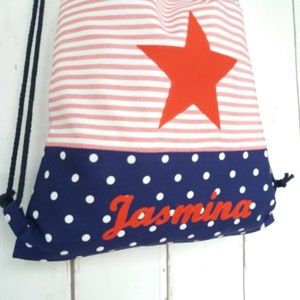 Gym bag, backpack for children, lined, star red dark blue, customizable with name image 3