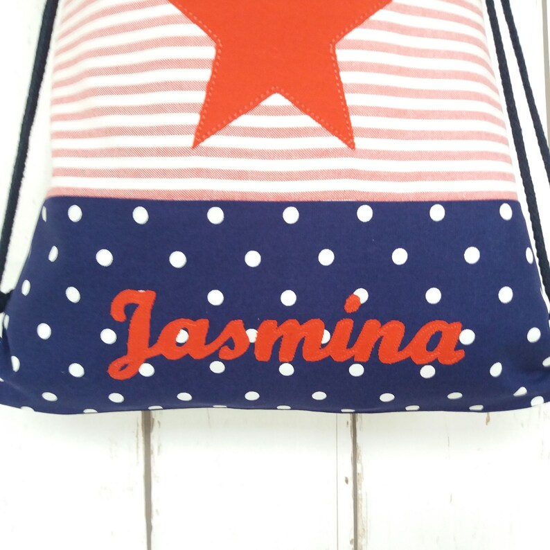 Gym bag, backpack for children, lined, star red dark blue, customizable with name image 2