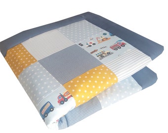 Krabbeldecke  Babydecke Patchwork Blau-Gelb,  Autos, sofort versandfertig!