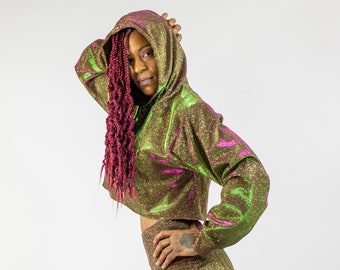 Sleeveless Red Sparkly Jewel Zipper Front Hoodie Crop Top W