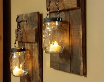 Rustic Candle Holder Set, Rustic Home Decor, Mason jar Candles, Log Cabin Decor, Sconces, Sold as a set of 2, Rustic Decor, gift