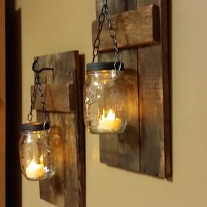 Rustic Candle Holder Set, Rustic Home Decor, Mason jar Candles, Log Cabin Decor, Sconces, Sold as a set of 2, Rustic Decor, gift