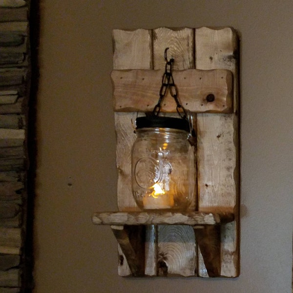 Rustic Wood Mason Jar Sconce, Country Home Decor, Battery Candle
