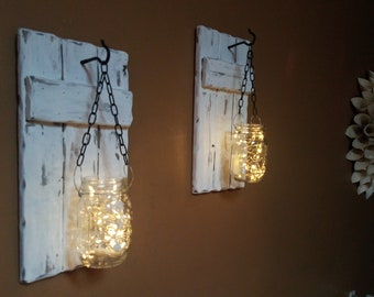 Farmhouse decor, Distressed sconces, Rustic Home Decor, Distressed Candle holders, hanging jars, 2 sconces, Firefly lights,   set of 2.