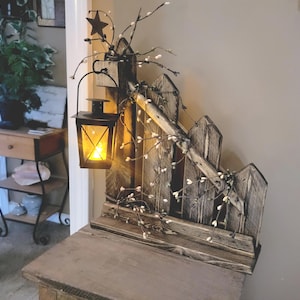Mini Picket Fence Lantern Home Decor, Primitive Farmhouse Porch Accent