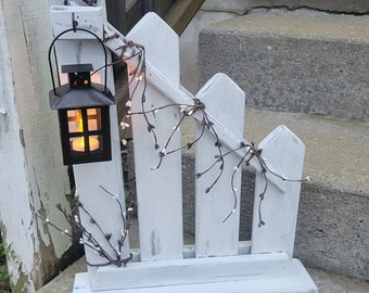 Rustic Home Decor, porch decor, Primitive decor,  Distressed picket fence,  lantern,  cottage decor, Farmhouse decor, country decor, gift