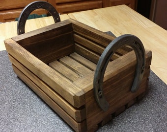 Rustic Wood Box Centerpiece, Horseshoe Handles, Country Decor
