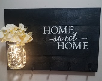 Home Sweet Home Sign, Rustic  Decor,  Wall Decor, Key Holder, Home Decor,  necklace hanger, Coat rack, House Warming gift, Unique gift idea