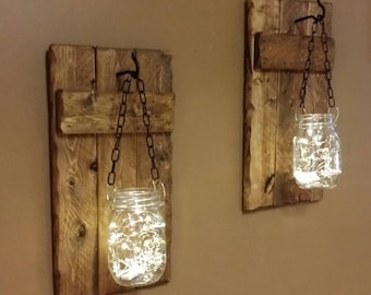 Rustic  Candle holders, hanging  jars, Wall Decor, Rustic  Decor,  Home Decor,   Firefly lights, Rustic sconces set of 2, Mothers Day Gift