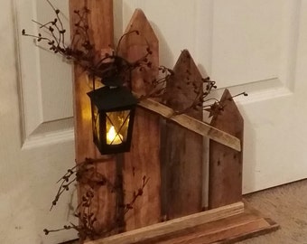 Primitive Decor, lantern candle holder decor, Rustic Home Decor,  picket fence , lantern,  cottage decor, country decor, Farmhouse decor