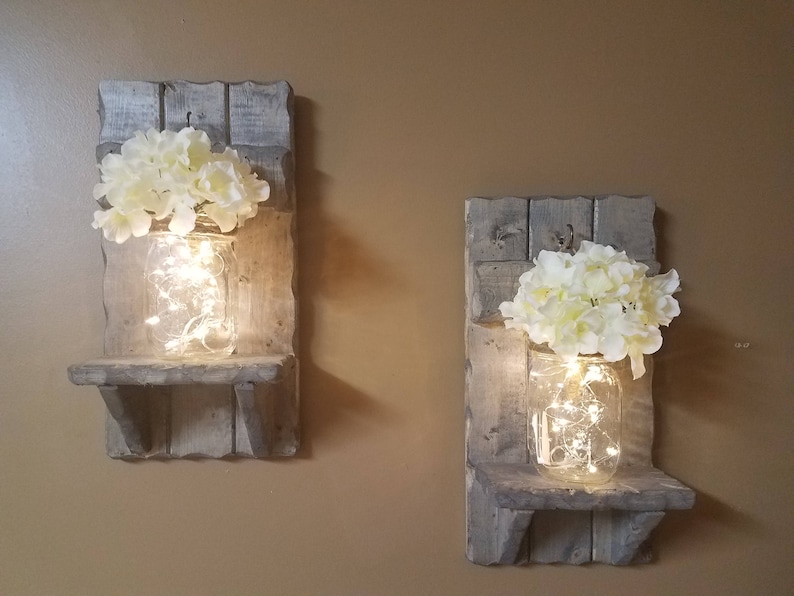 Rustic Home Decor, sconces, Valentine gift, Farmhouse Decor, Set of Sconces, Candle holders, Lighted Jars, Gift, Set of 2, Rustic Decor image 4