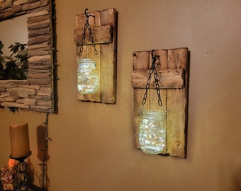 Rustic Wood Sconce Set, Mason Jar Candleholders, Farmhouse Decor