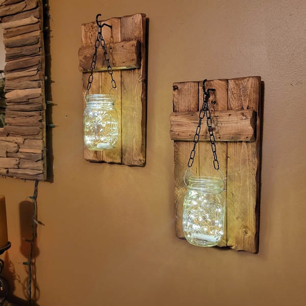 Rustic Wood Sconce Set, Mason Jar Candleholders, Farmhouse Decor