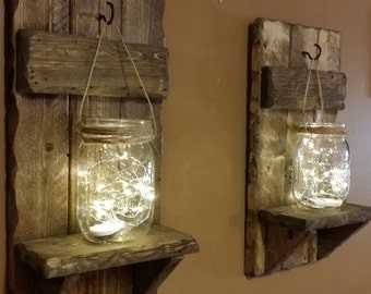 Handmade Wood candle holders, Rustic Home Decor, Log cabin decor , Mason Jar Candle holders, Farmhouse decor, Shelf, Housewarming
