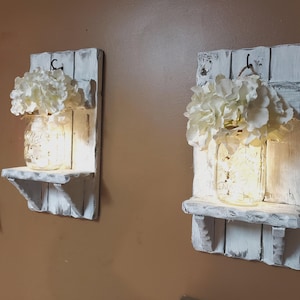 Farmhouse Decor, sconces, decorating decor, shelf , Set of 2, Candle holders, Lighted  Jars, Gift, distressed shelf, Rustic decor, sconce