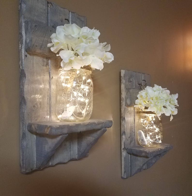 Rustic Home Decor, sconces, Valentine gift, Farmhouse Decor, Set of Sconces, Candle holders, Lighted Jars, Gift, Set of 2, Rustic Decor image 3