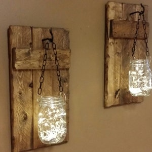 Rustic Home Decor, candle holders, Rustic Decor, hanging jars With Lights, Farmhouse Decor, Rustic sconces , Set of Sconces image 2