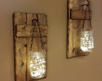 Rustic Home Decor, candle holders, Rustic Wood Decor, hanging jars With Lights, sconces, Firefly lights, Rustic sconces , Set of Sconces