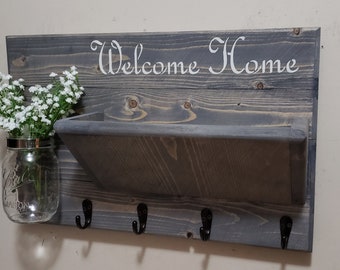 Rustic Mail Holder, Home Decor, Rustic Wall Decor, Rustic Wood Decor, Welcome Home Sign, Rustic Key Holder, House warming, Farmhouse decor