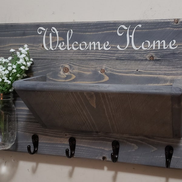 Rustic Mail Holder, Home Decor, Rustic Wall Decor, Rustic Wood Decor, Welcome Home Sign, Rustic Key Holder, House warming, Farmhouse decor