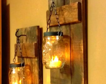 Reclaimed Wood Mason Jar Candle Sconce Set, Rustic Wall Decor