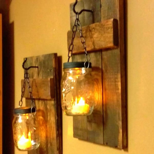 Rustic  Home  Decor, Rustic Candle, sconce, Home and Living,  Mason Jar decor, Farmhouse Decor, Wood Decor, Candleholder  set of 2, gifts