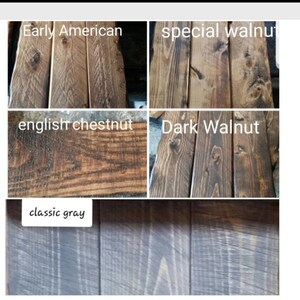 May include: Five wood samples stained in different colors: Early American, Special Walnut, English Chestnut, Dark Walnut, and Classic Gray.