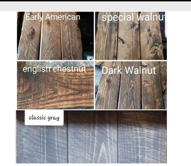 May include: Five wood samples stained in different colors: Early American, Special Walnut, English Chestnut, Dark Walnut, and Classic Gray.