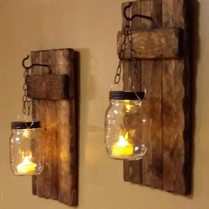 Wood Sconce, Rustic Home Decor ,Rustic candle holder, Rustic Lantern, Mason Jar candle, Candle holde as a set, Farmhouse decor, gift image 2