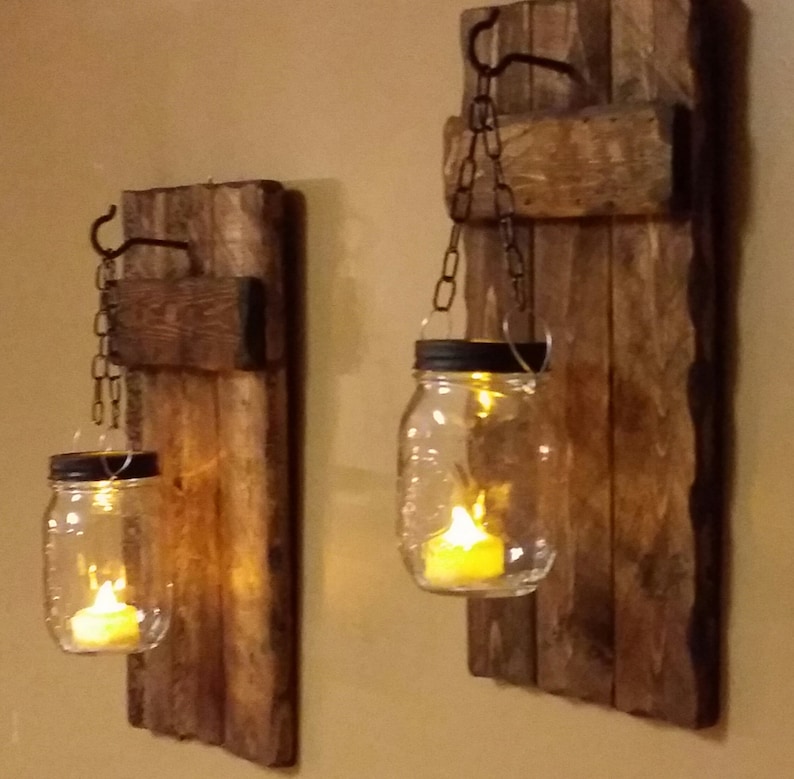 Wood Sconce, Rustic Home Decor ,Rustic candle holder, Rustic Lantern, Mason Jar candle, Candle holde as a set, Farmhouse decor, gift image 2